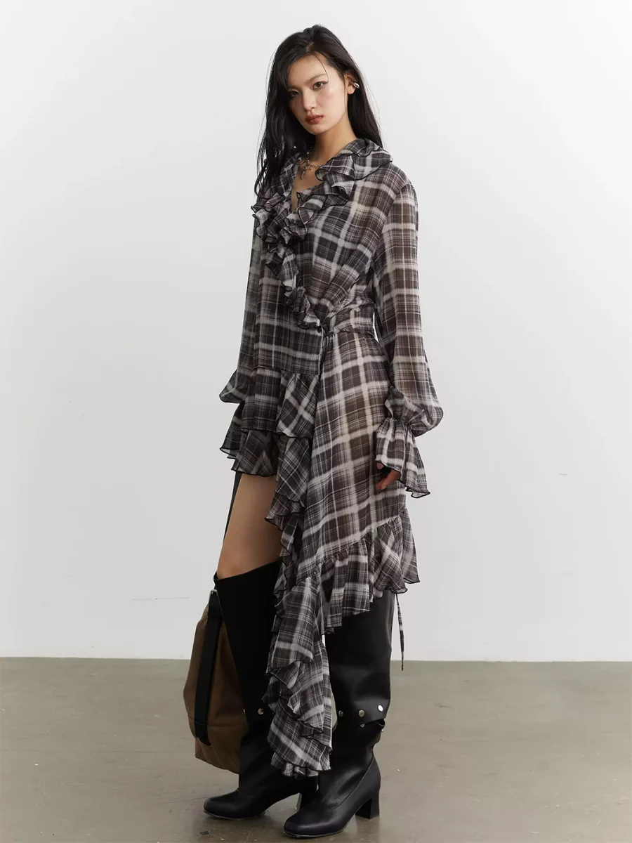 Jnylon studios | Relaxed Ruffled Asymmetric Plaid Chiffon Shirt Dress - 4