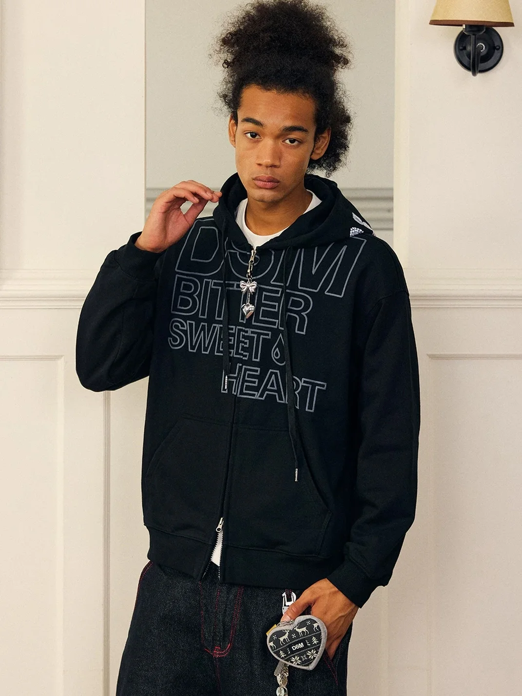 DONSMOKE | Drop Shoulder Hair Clip Print Zip-Up Hoodie