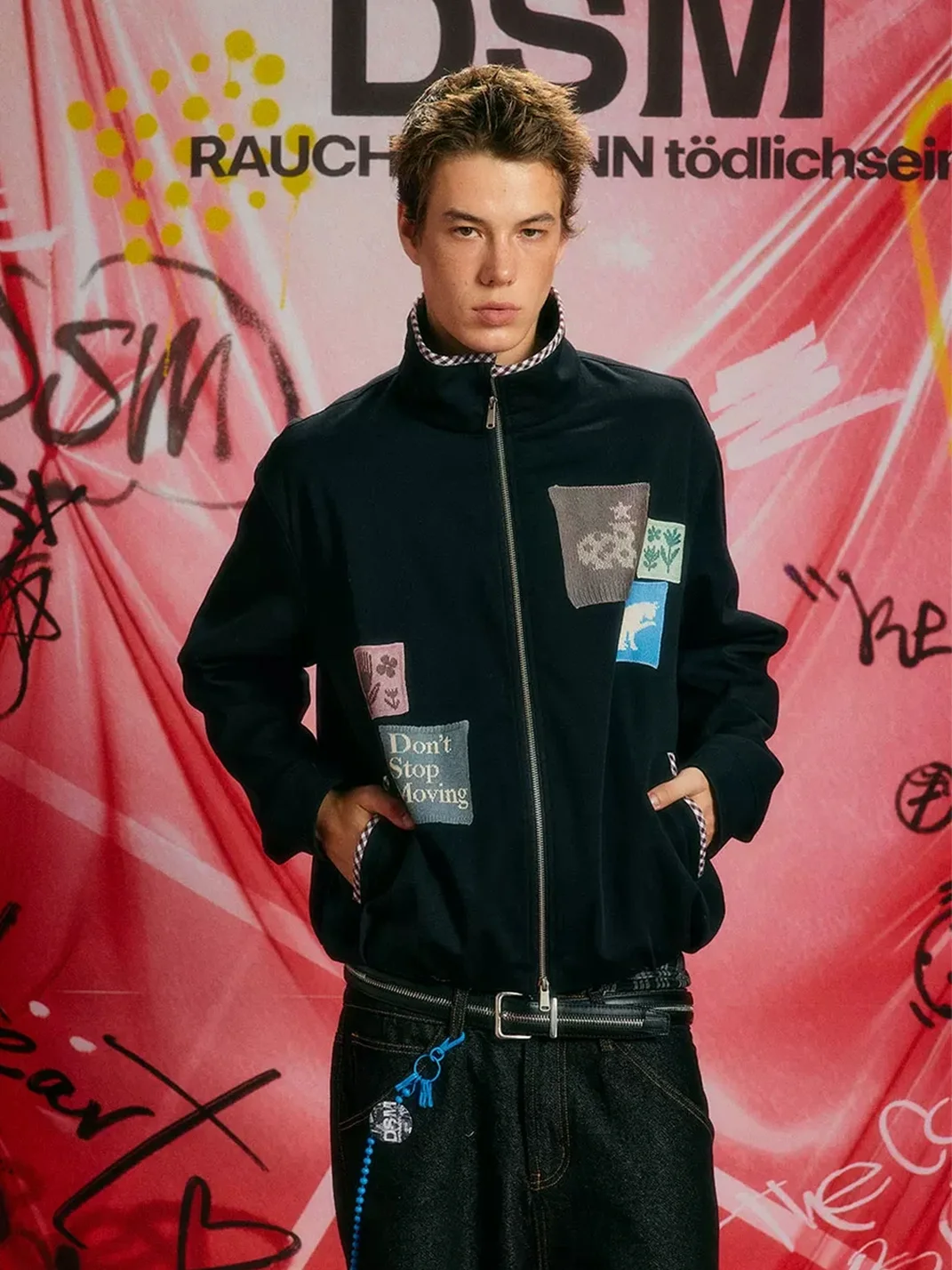 DONSMOKE | Loose Stand-Collar Check-Trim Patch Jacket