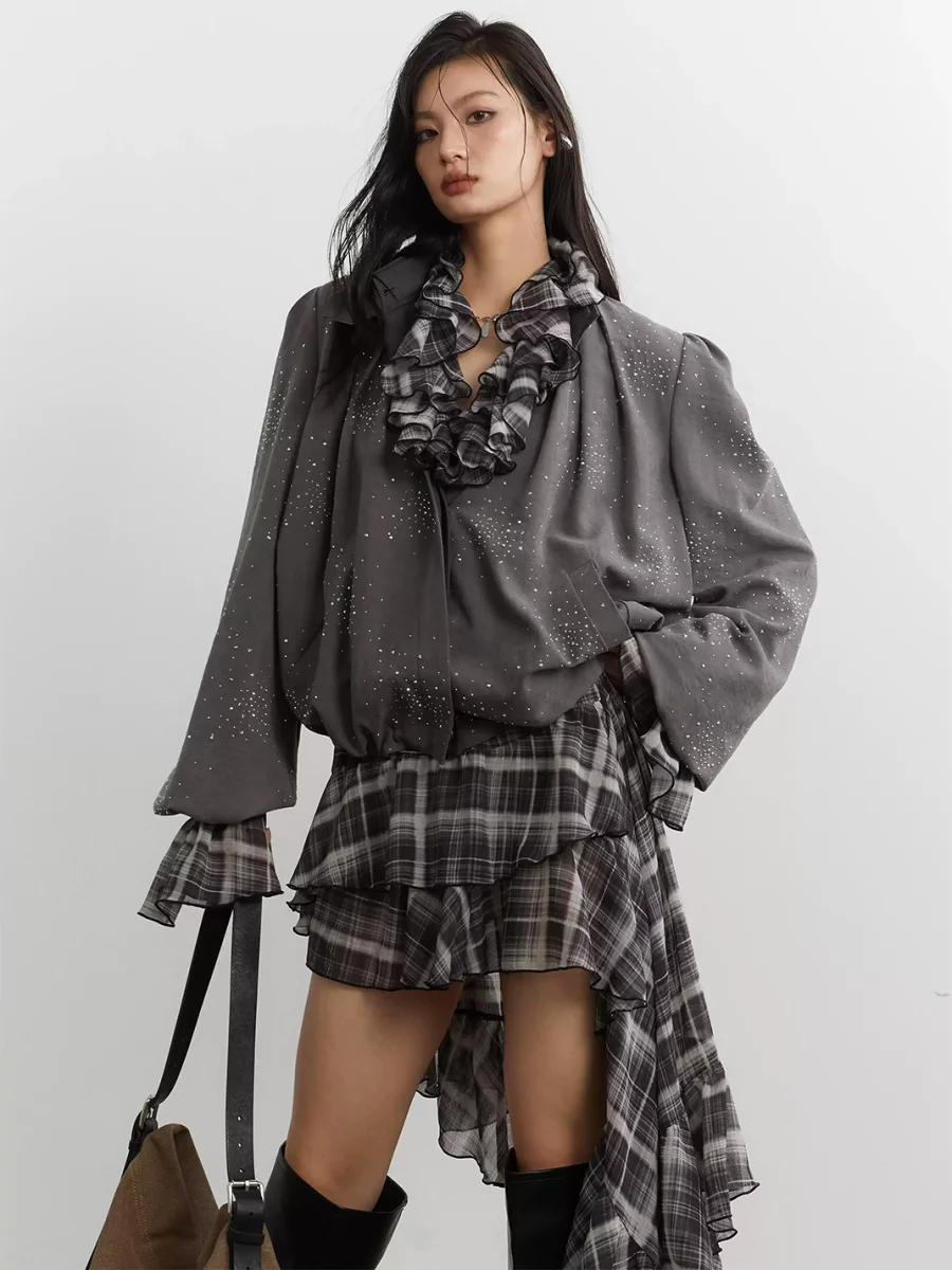 Jnylon studios | Relaxed Ruffled Asymmetric Plaid Chiffon Shirt Dress - 2