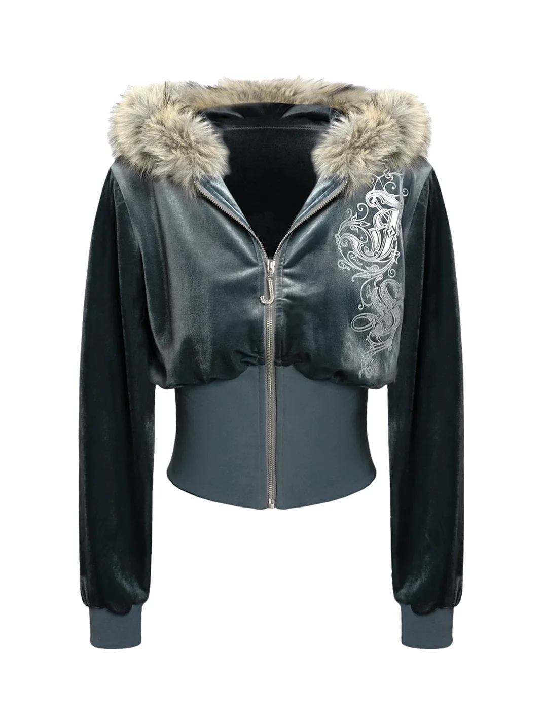 JYOSEI | Printed Velvet Hooded Top And Loose Pants Set