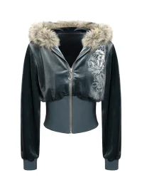 JYOSEI | Printed Velvet Hooded Top And Loose Pants Set