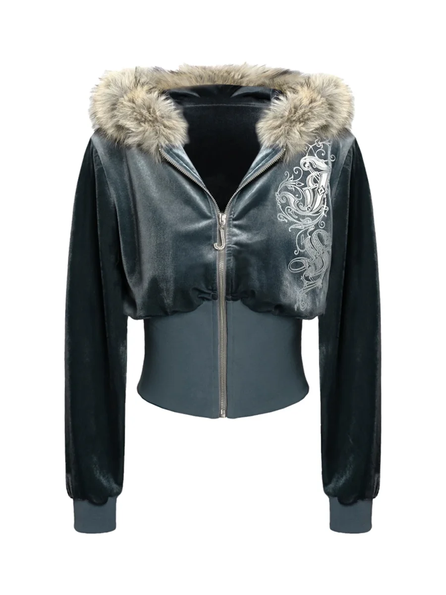 JYOSEI | Printed Velvet Hooded Top And Loose Pants Set - 2