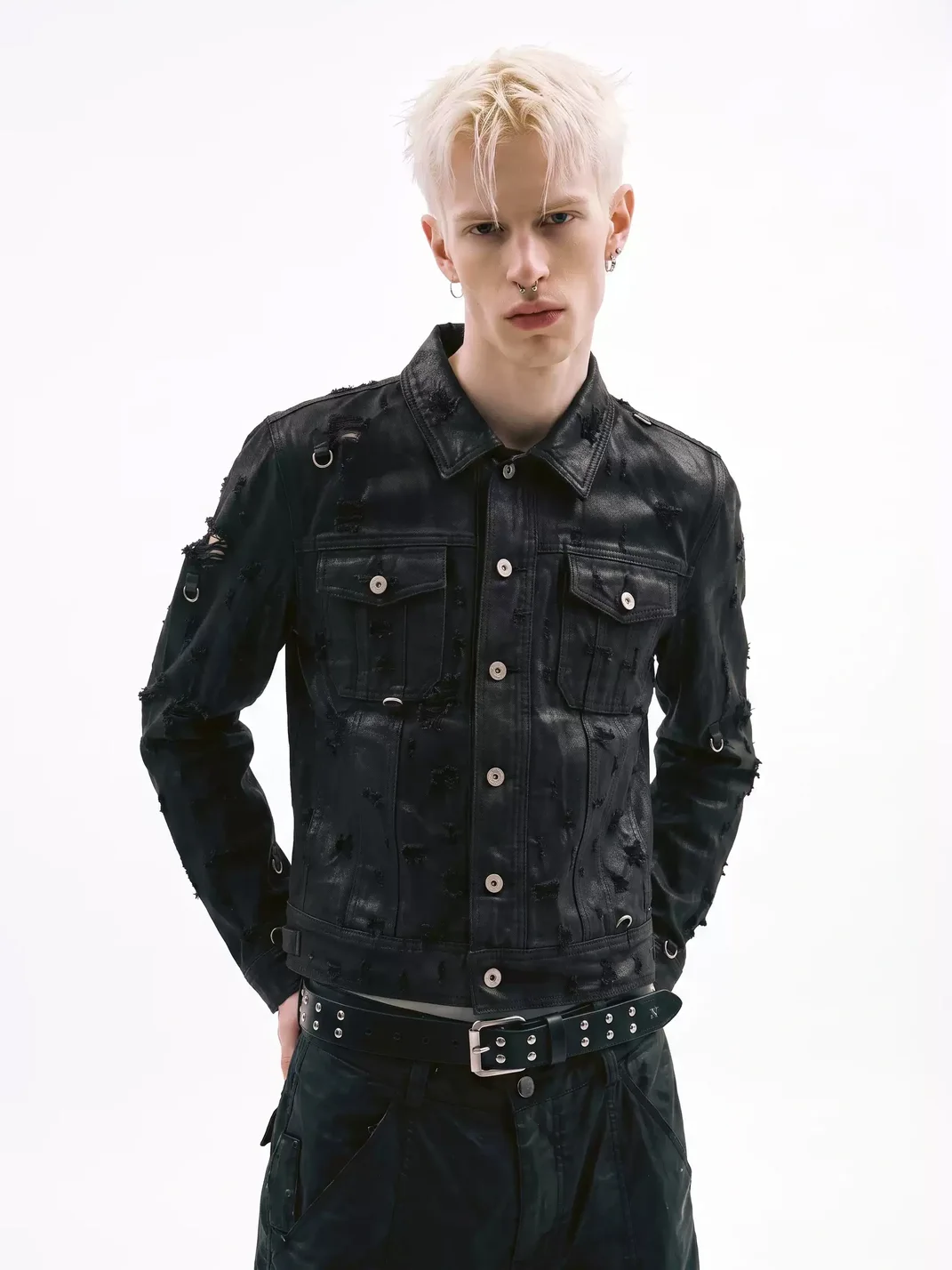 NASTYHUB | Distressed Metal Ring Short Wide Denim Jacket