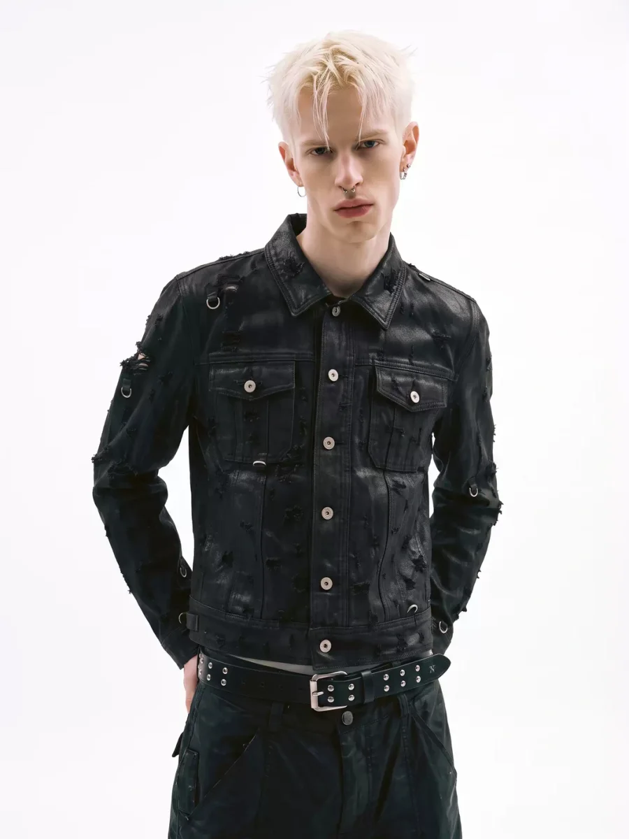 NASTYHUB | Distressed Metal Ring Short Wide Denim Jacket - 4