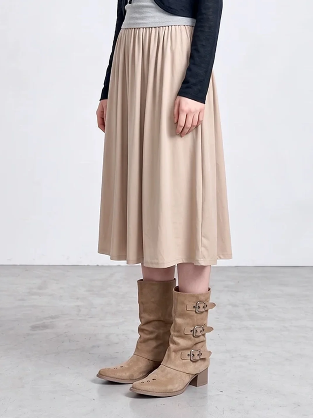 LMDD | Khaki Pointed-Toe Block Heel Riding Boots