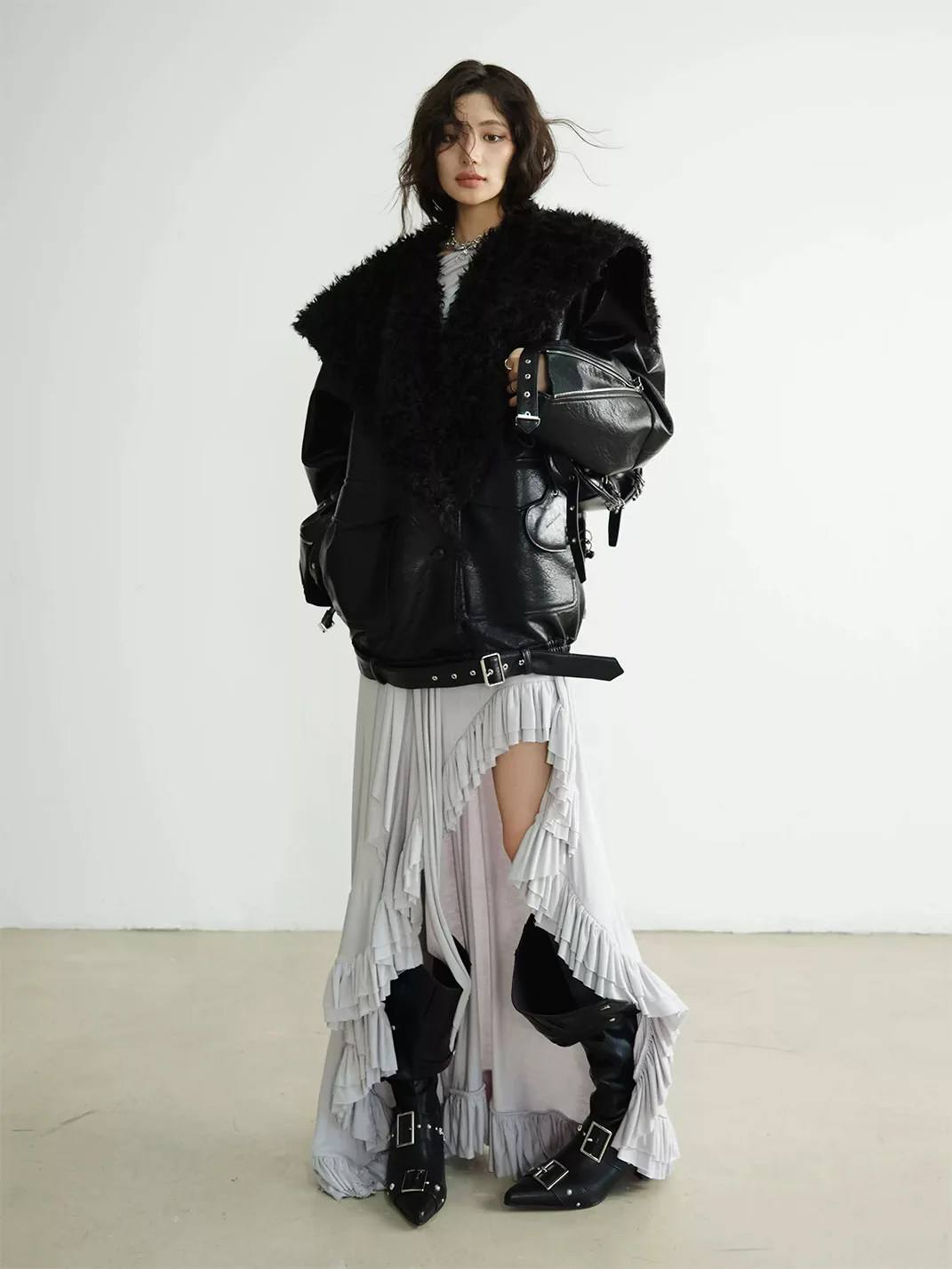 Jnylon studios | Oversized Mid-Length PU Jacket With Large Lapels