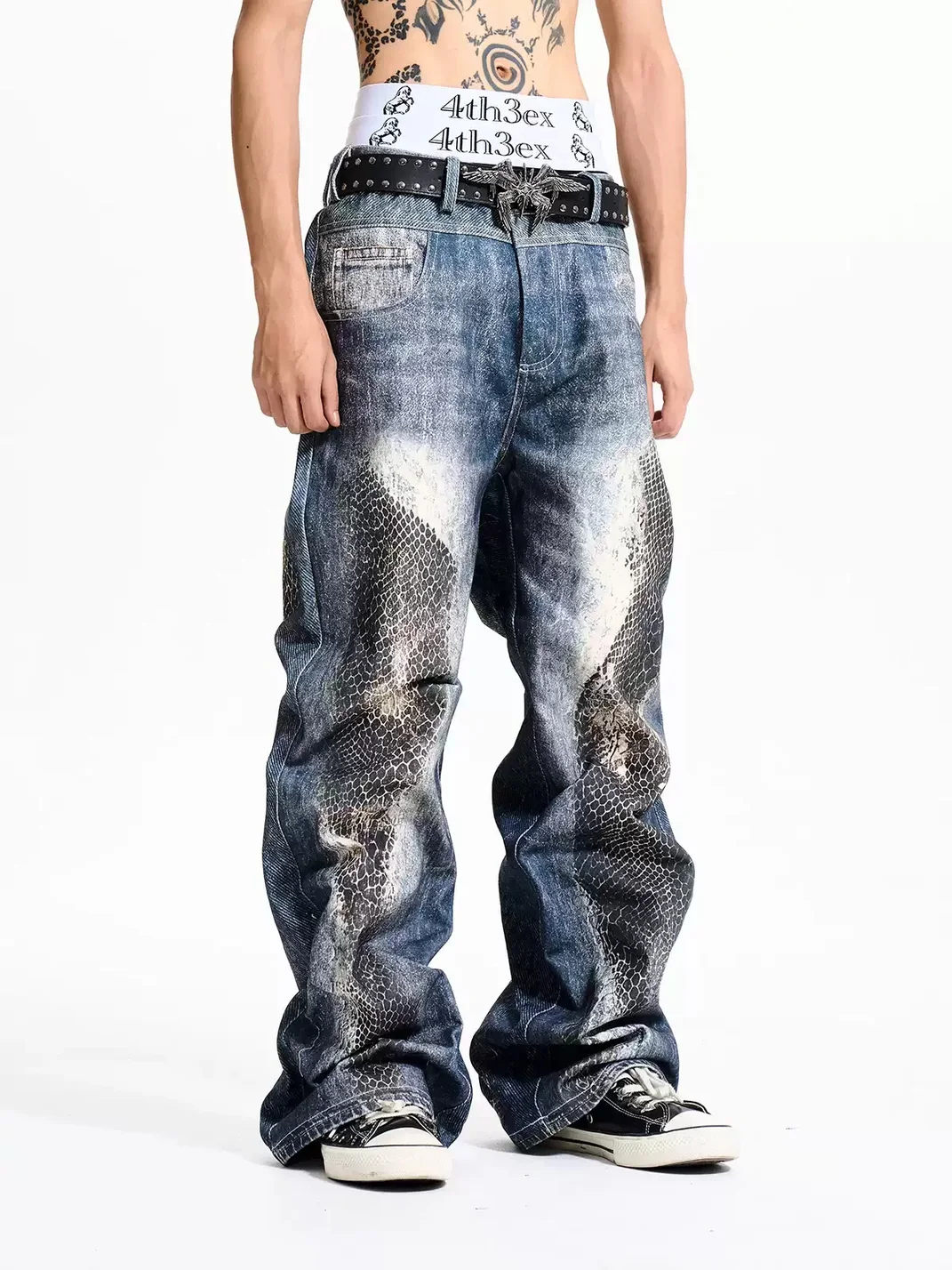 Fourth3ex | Washed Snakeskin Print Floor-Length Jeans