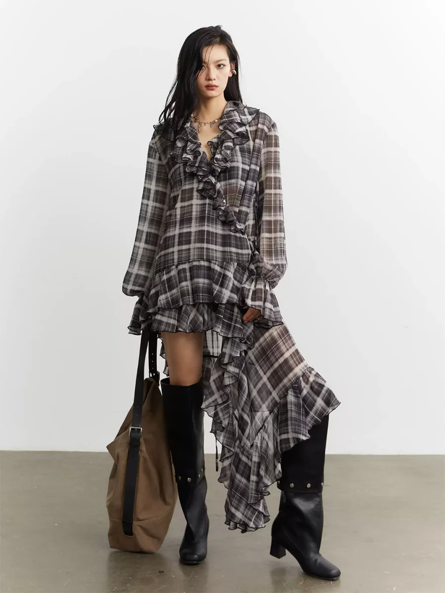 Jnylon studios | Relaxed Ruffled Asymmetric Plaid Chiffon Shirt Dress - 3