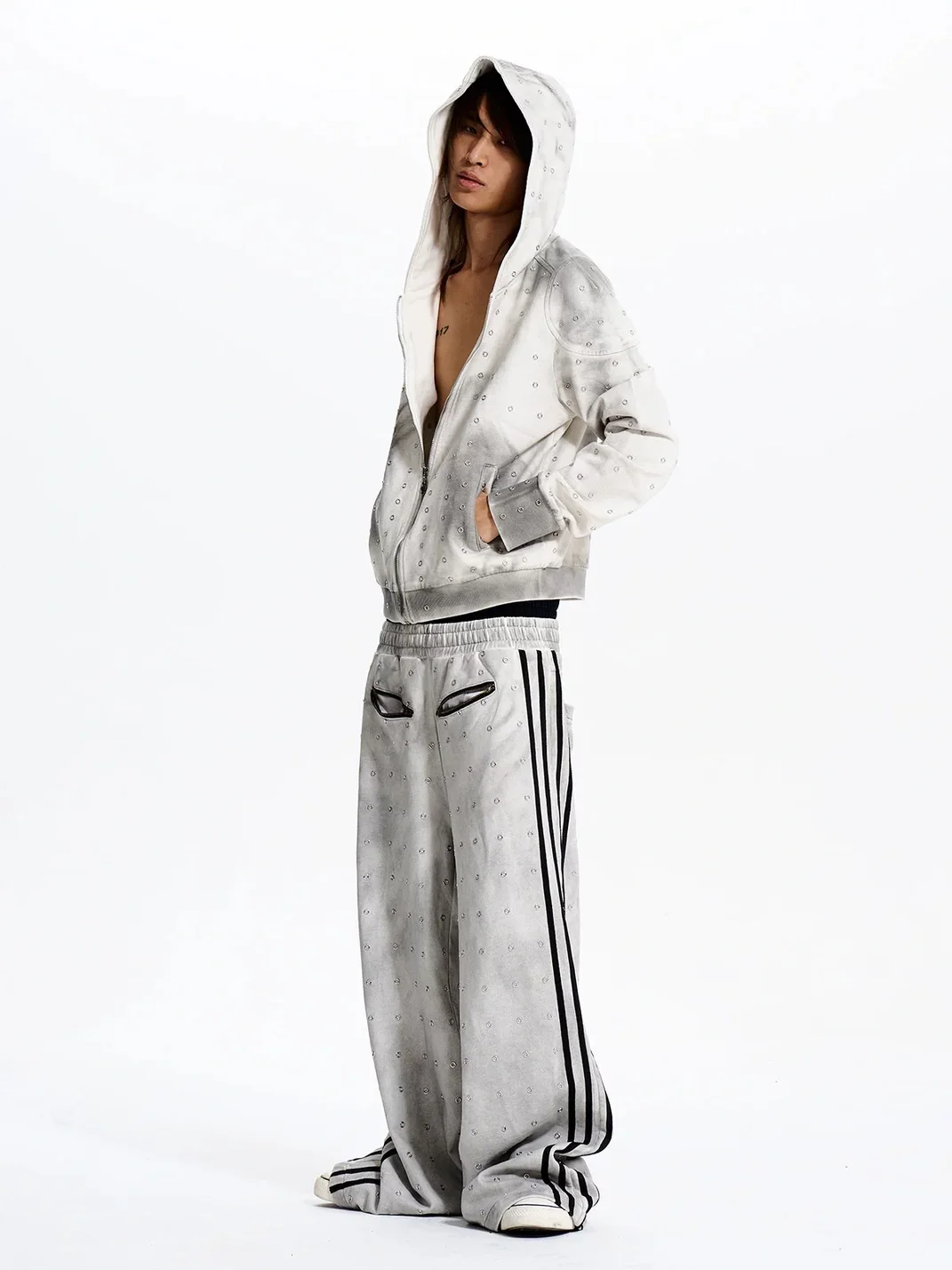 Fourth3ex | Distressed Eyelet Leopard Print Zip-Up Hoodie