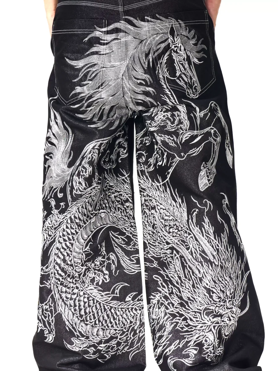 Fourth3ex | Horse And Dragon Embroidered Baggy Wide-Leg Jeans - 4