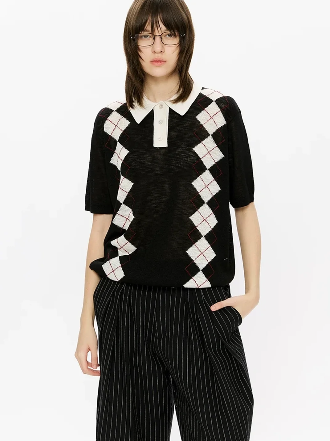 KREATE | Boxy Diamond Pattern Knit Polo Shirt