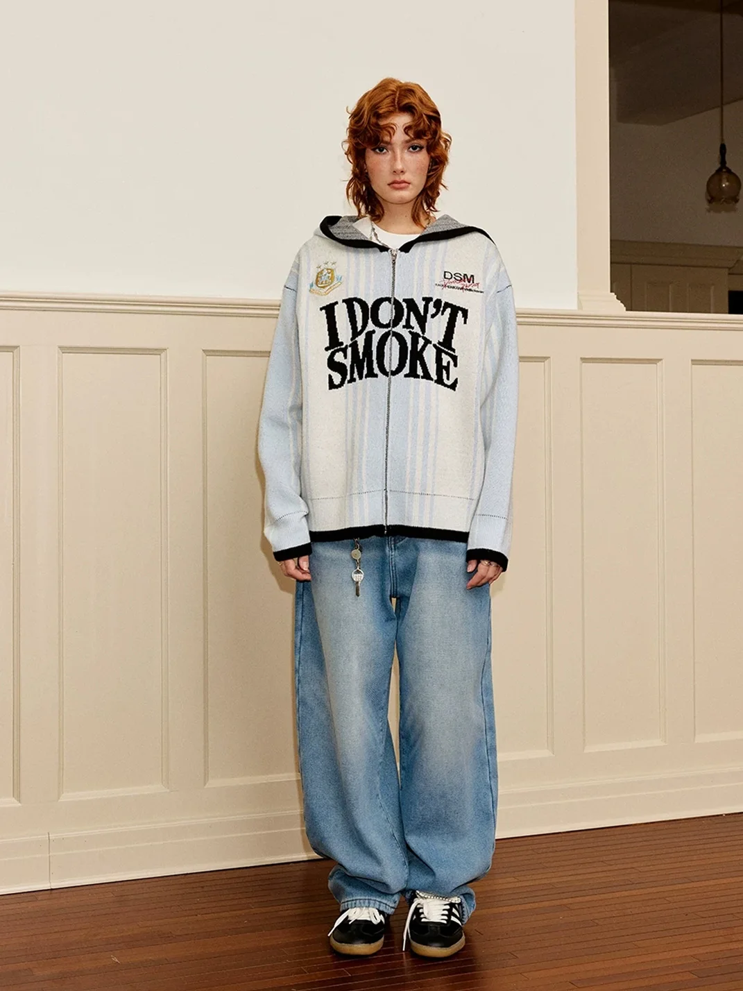 DONSMOKE | Vertical Striped Hooded Zip-Up Jacquard Knit Cardigan