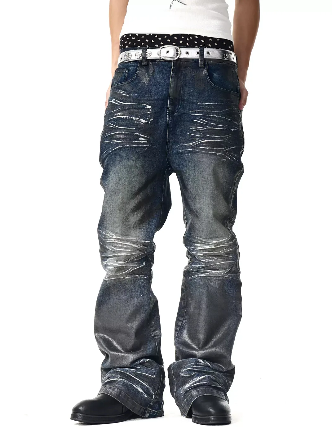 Fourth3ex | Distressed Waxed Slightly Flared Jeans