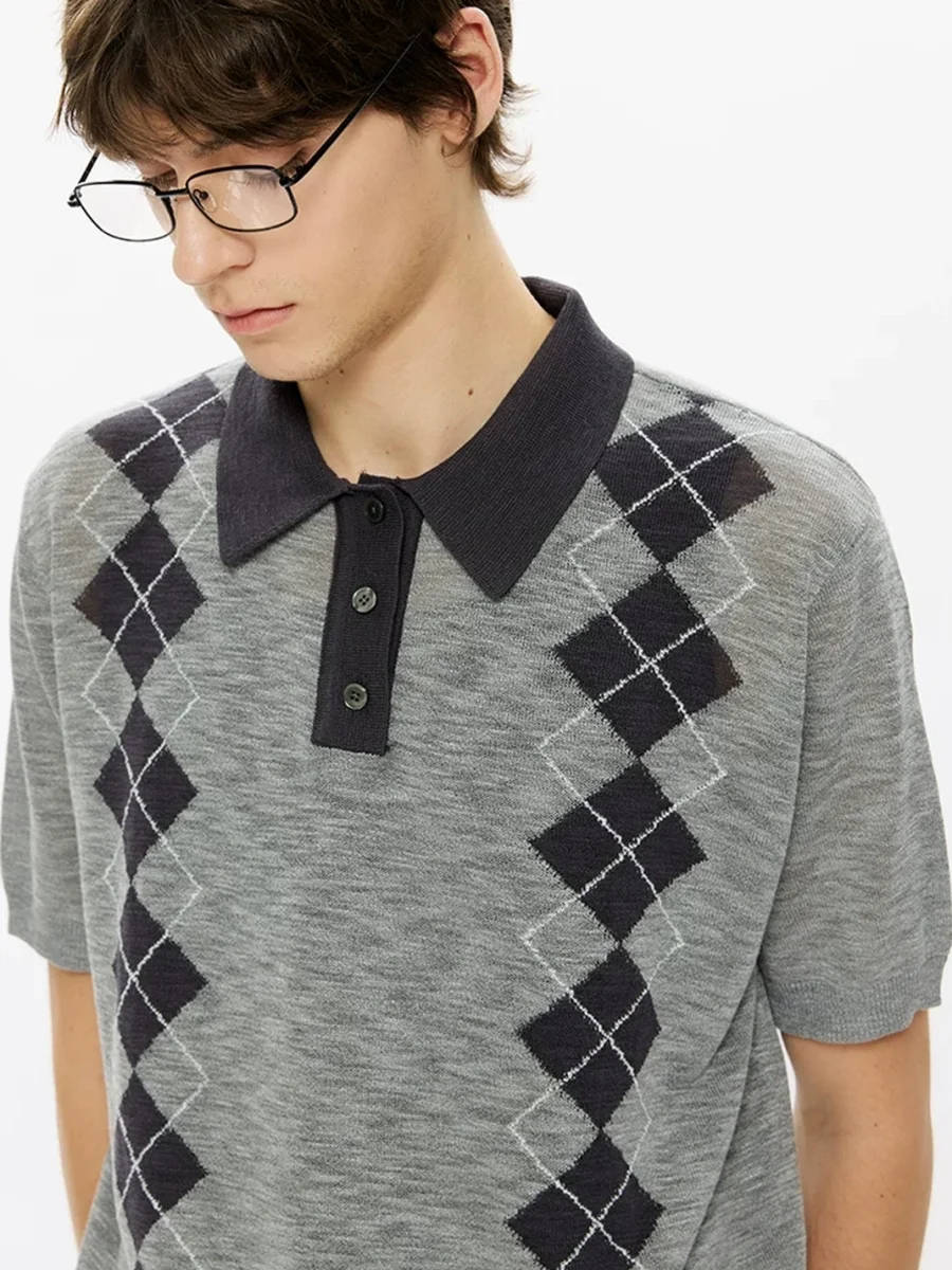 KREATE | Boxy Diamond Pattern Knit Polo Shirt - 4