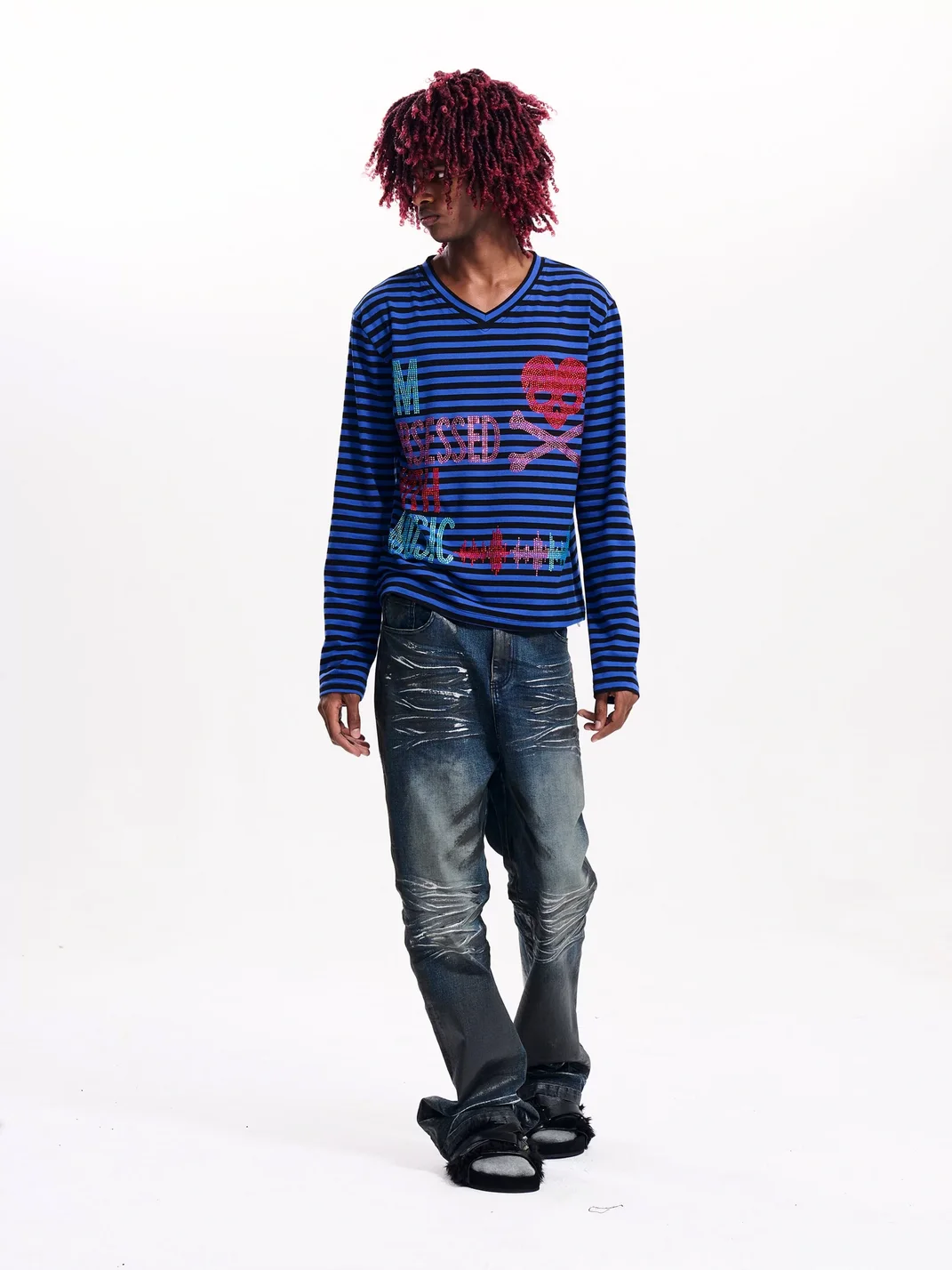 Fourth3ex | Distressed Waxed Slightly Flared Jeans
