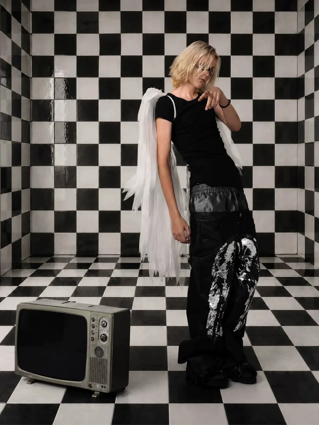 Fourth3ex | Double-Waistband Sequin Wing Wide-Leg Jeans