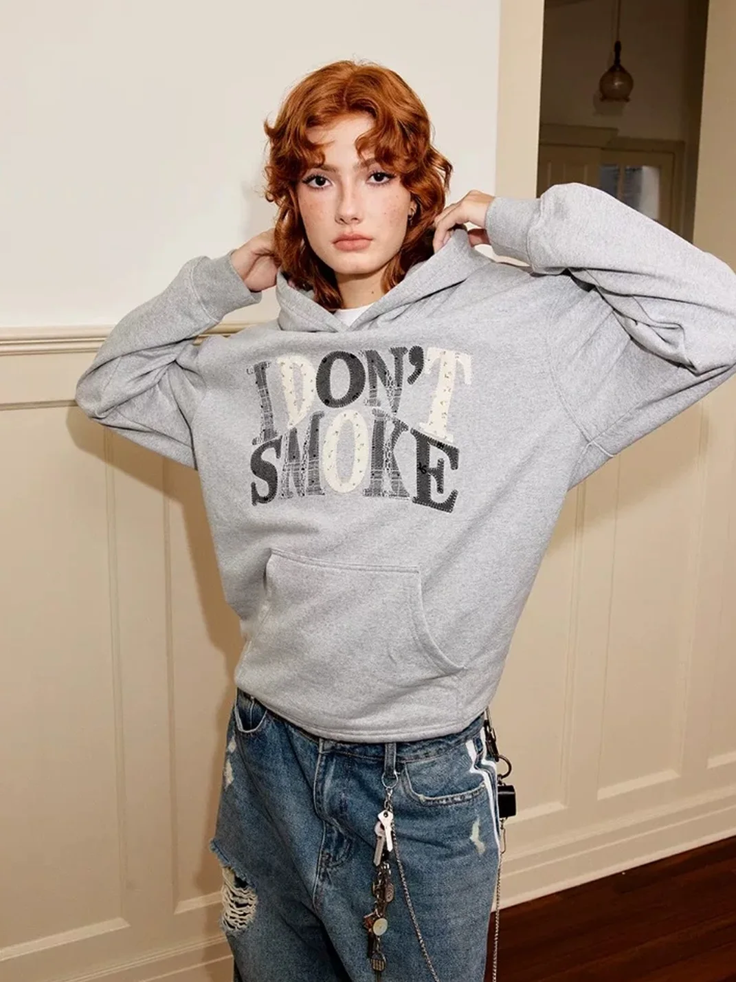 DONSMOKE | Boxy Lace Polka Dot Floral Applique Hoodie