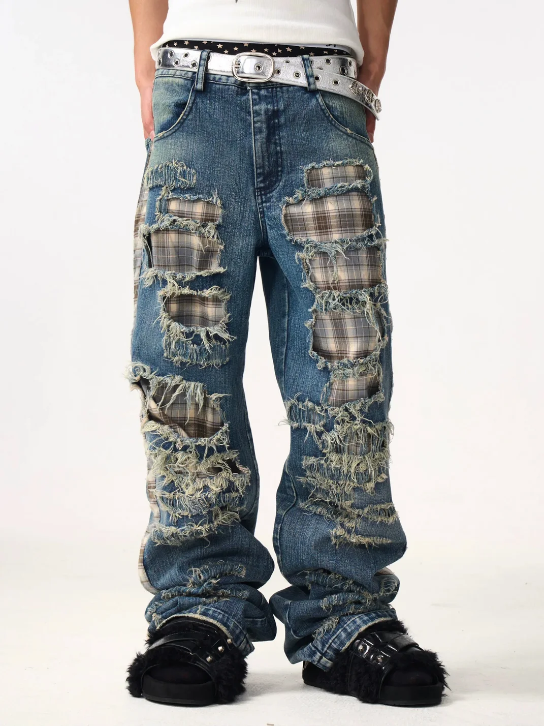 Fourth3ex | Plaid Patchwork Distressed Straight-Leg Jeans