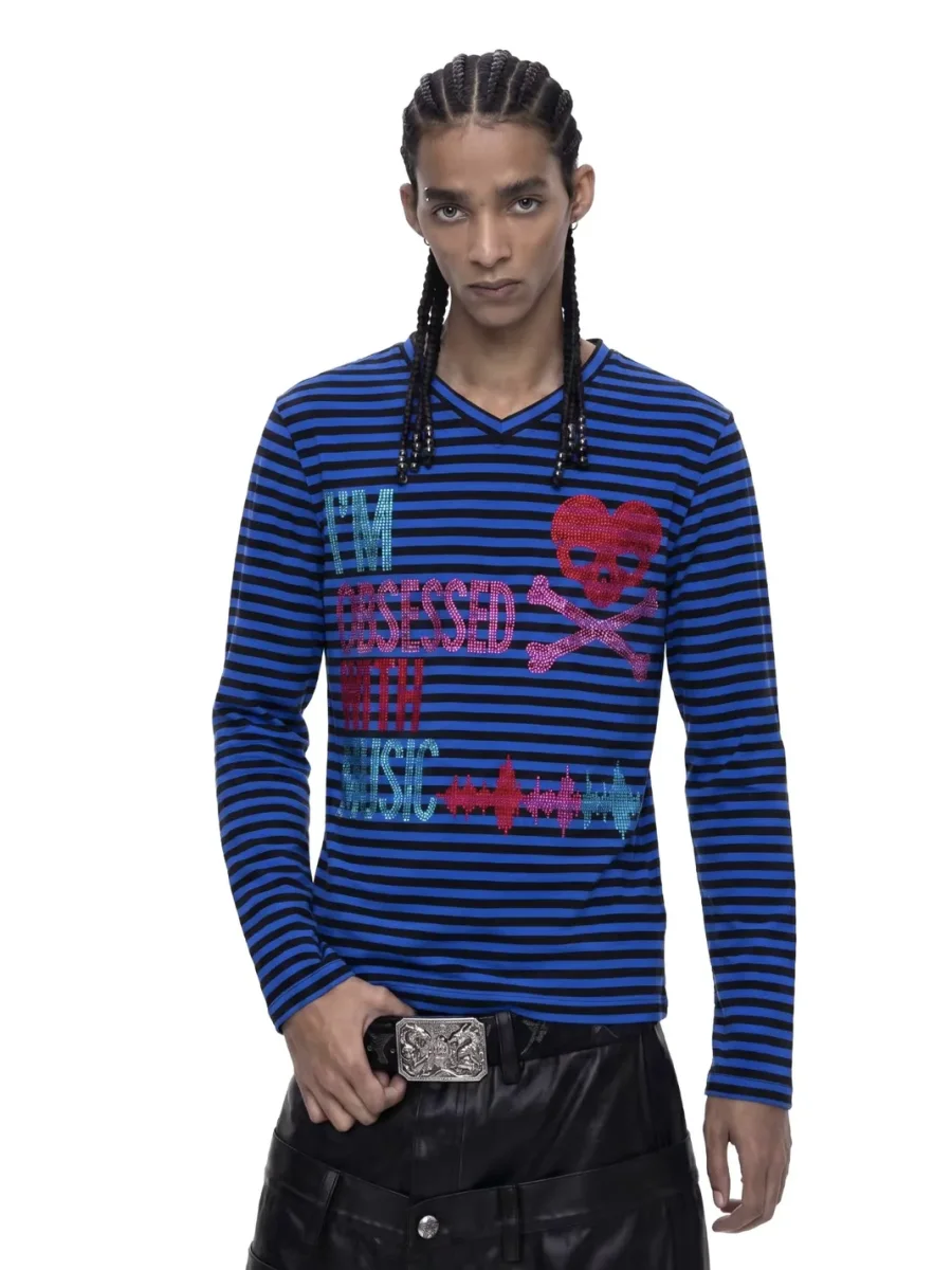 Fourth3ex | Striped V-Neck Long-Sleeve Rhinestone Skull T-Shirt - 2