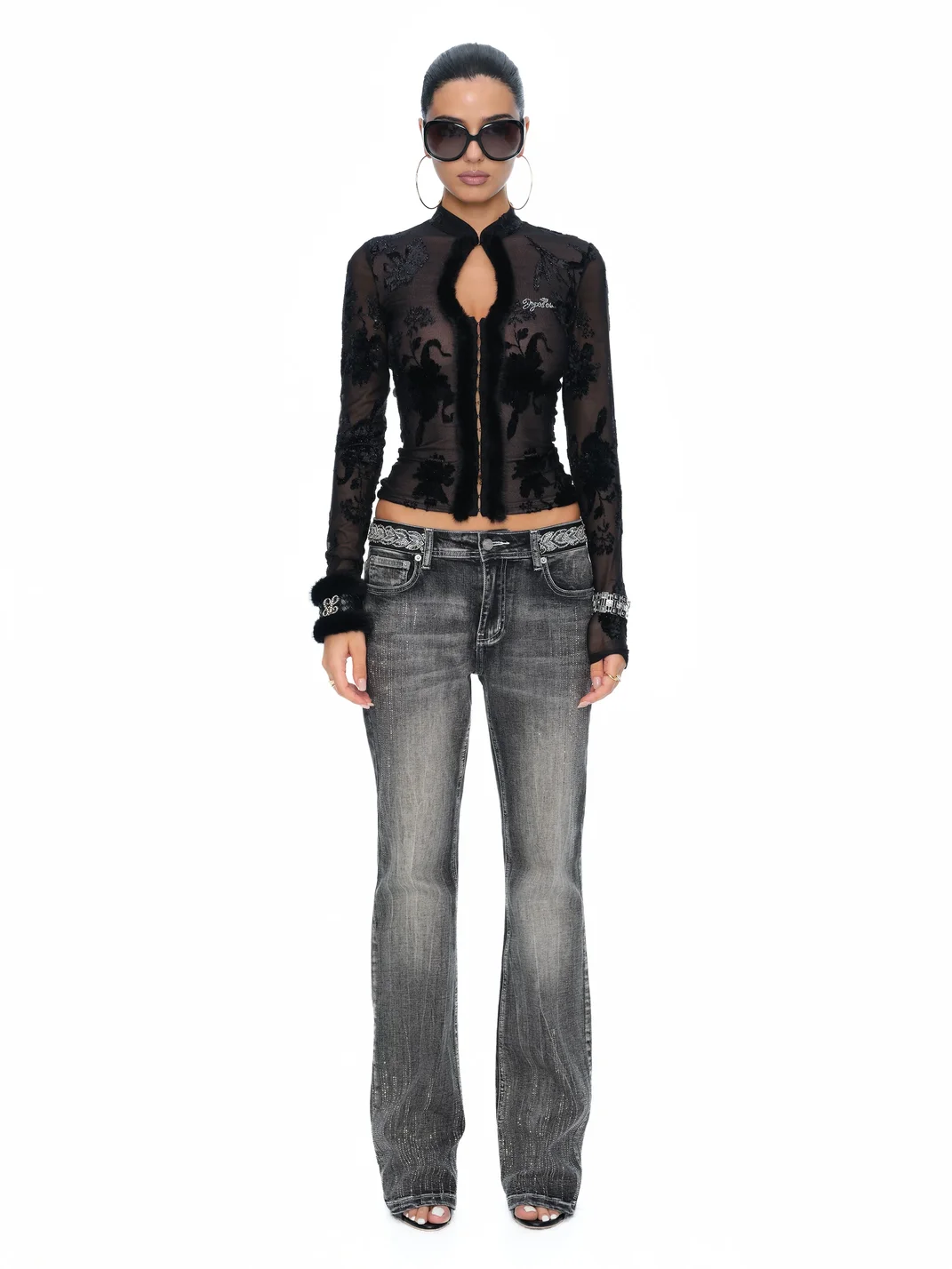 JYOSEI | Flocked Cutout Fitted Long-Sleeve Sheer Top