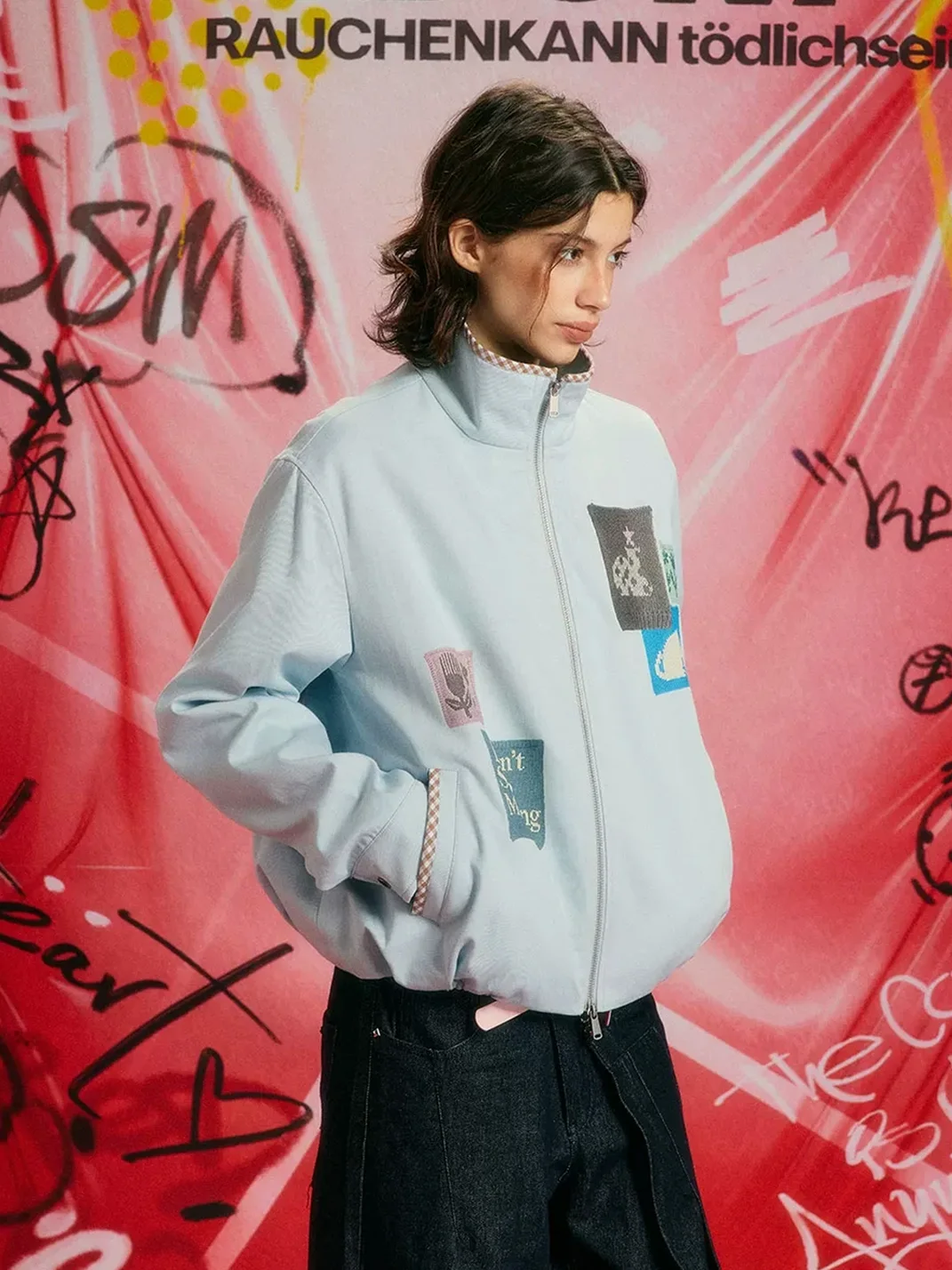 DONSMOKE | Loose Stand-Collar Check-Trim Patch Jacket