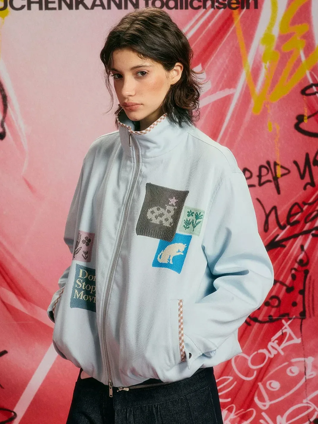 DONSMOKE | Loose Stand-Collar Check-Trim Patch Jacket