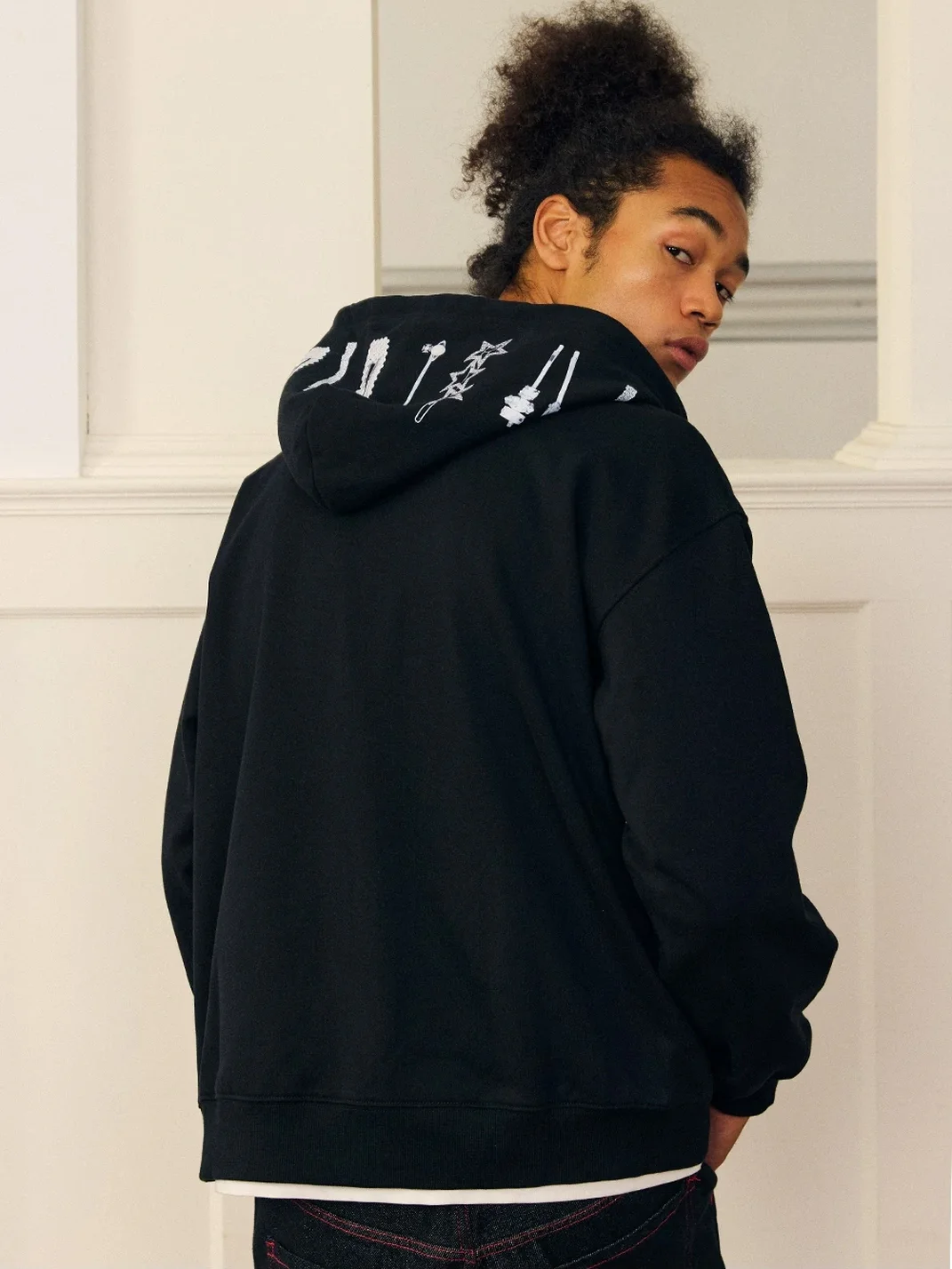 DONSMOKE | Drop Shoulder Hair Clip Print Zip-Up Hoodie