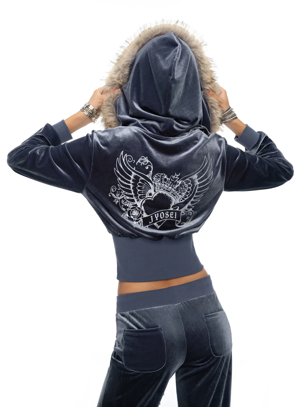 JYOSEI | Printed Velvet Hooded Top And Loose Pants Set