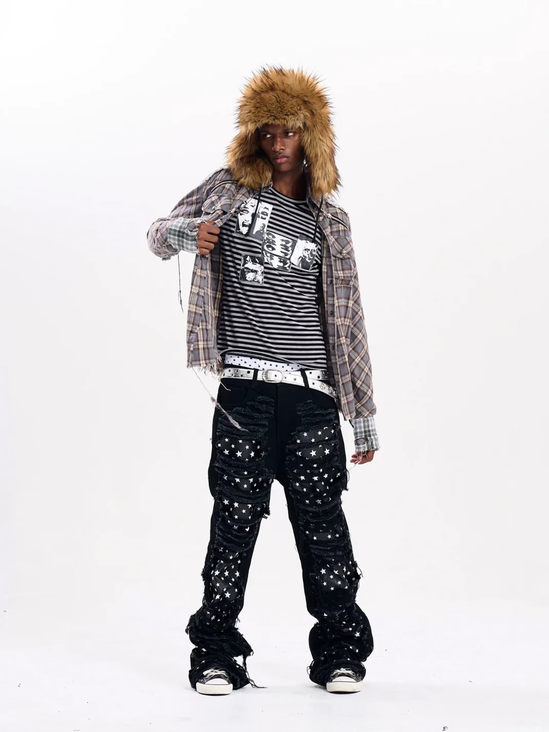 Fourth3ex | Distressed Patchwork Plaid Long Sleeve Shirt Jacket