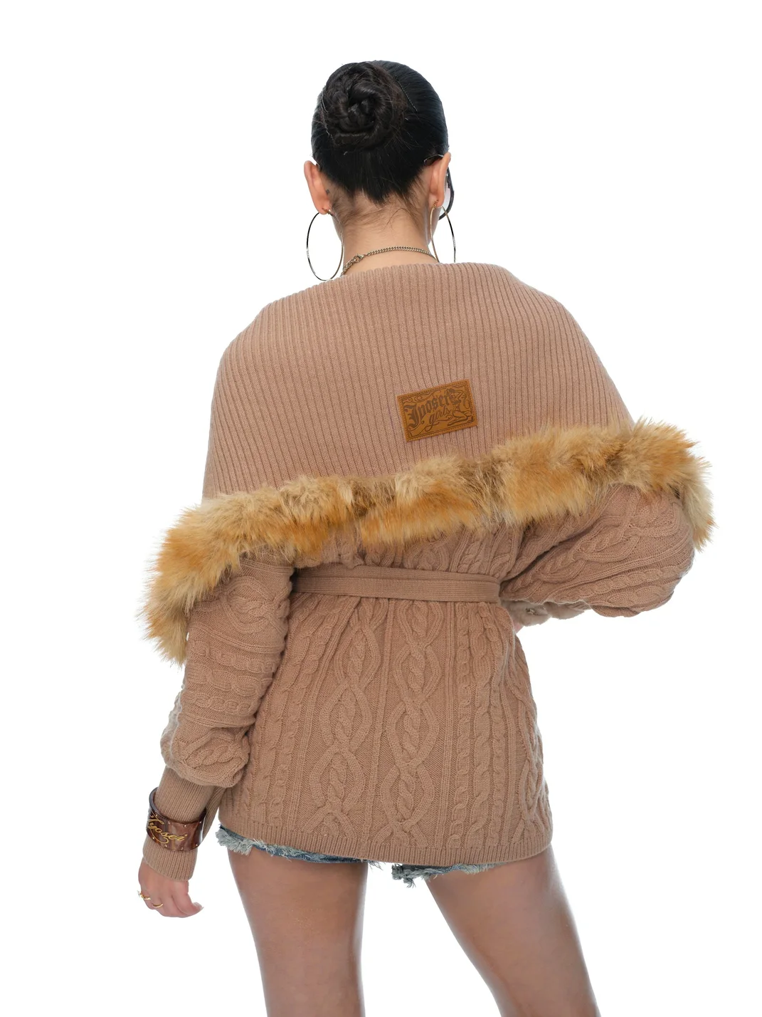 JYOSEI | Loose Belted Batwing Faux Fur Trim Knit Cardigan