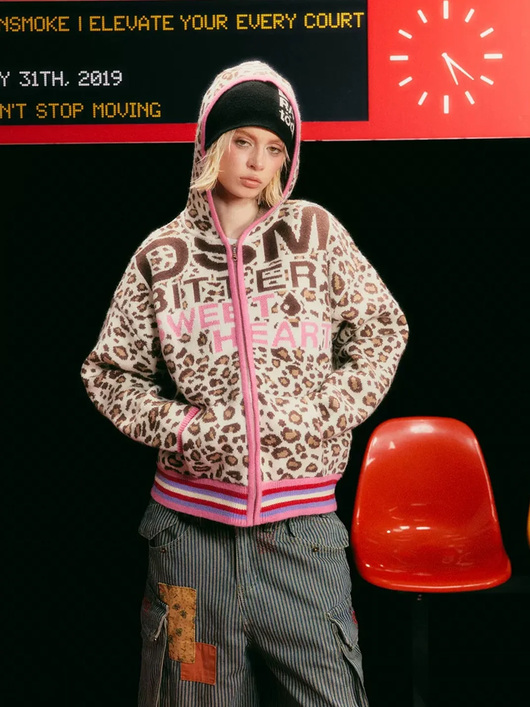 DONSMOKE | Relaxed Leopard Print Contrast Trim Hooded Knit Cardigan