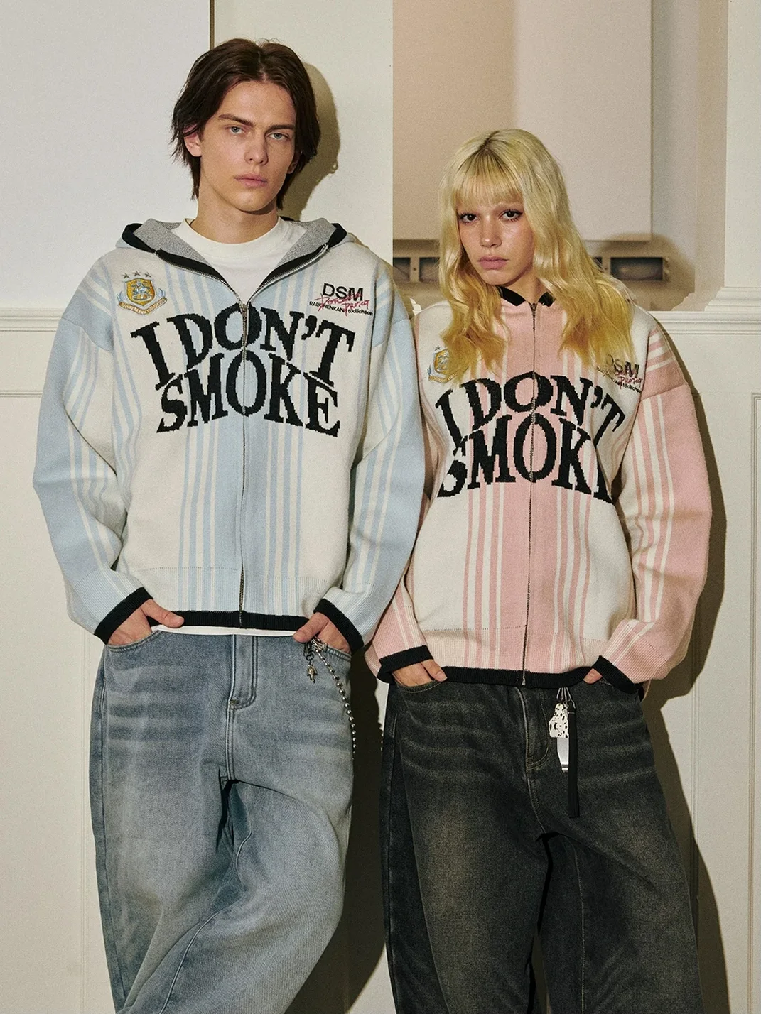 DONSMOKE | Vertical Striped Hooded Zip-Up Jacquard Knit Cardigan