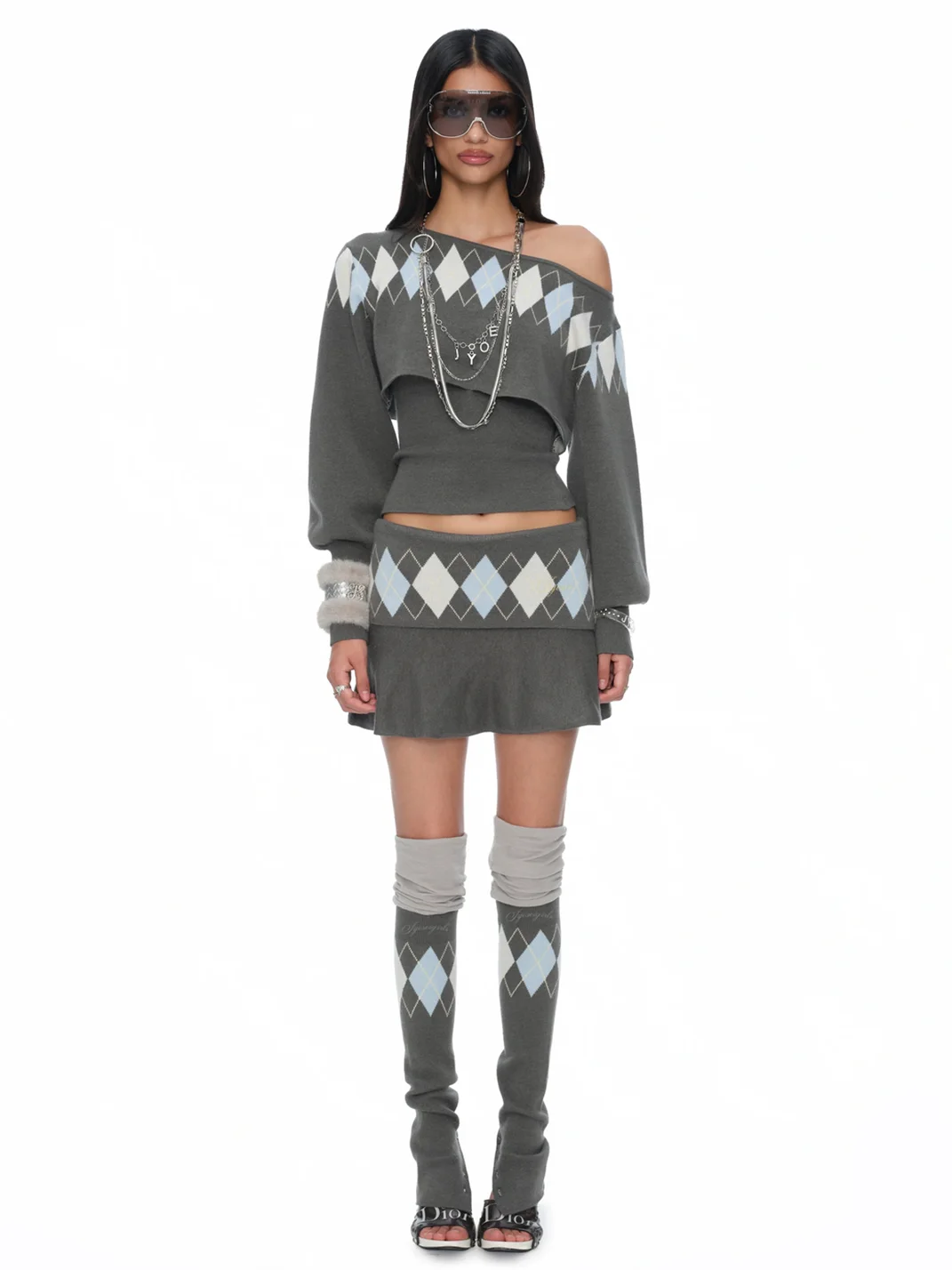 JYOSEI | Gray Argyle Patchwork Over-Knee Knit Leg Warmers
