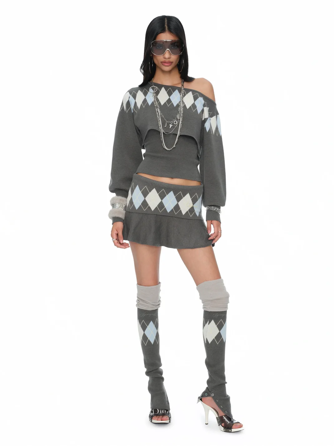 JYOSEI | Gray Argyle Knit Top And Pleated Skirt Set