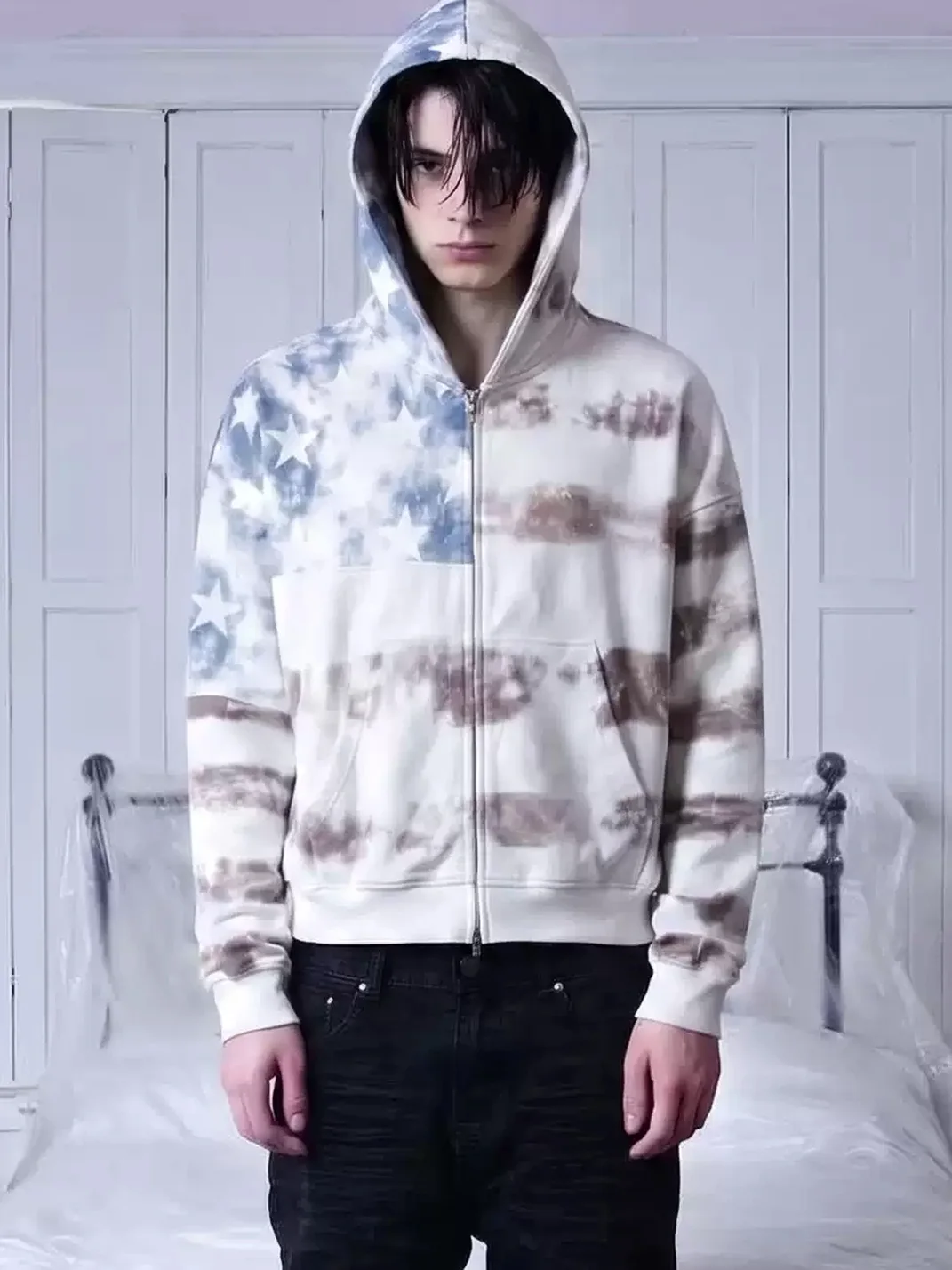 NASTYHUB | Washed Distressed Stars And Stripes Boxy Hoodie