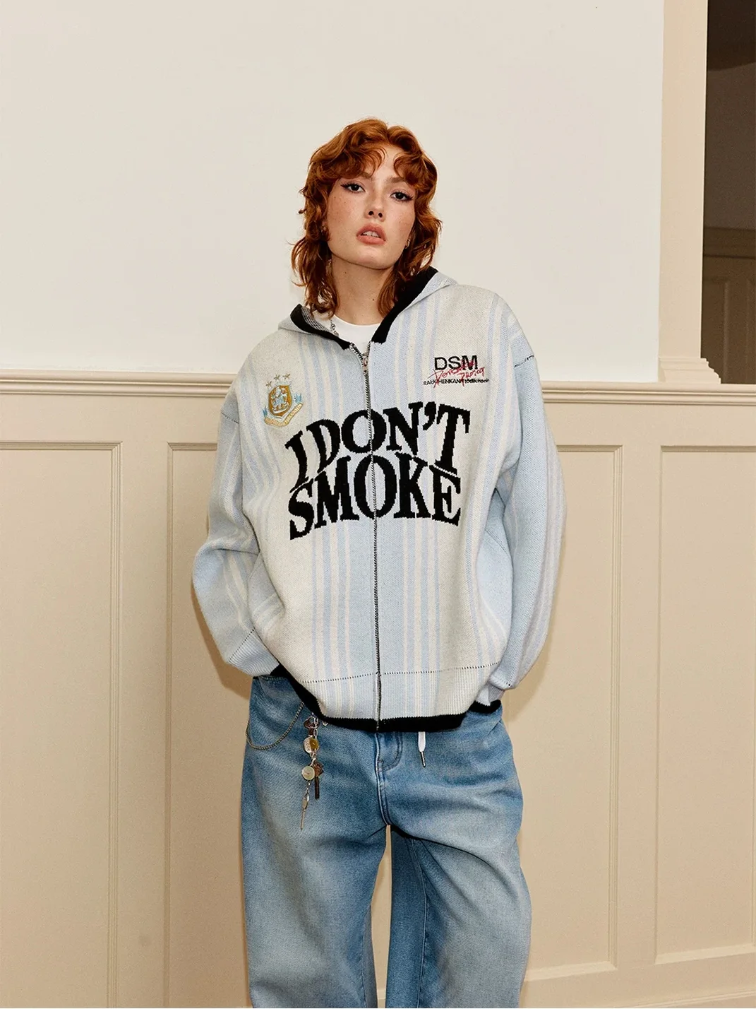 DONSMOKE | Vertical Striped Hooded Zip-Up Jacquard Knit Cardigan