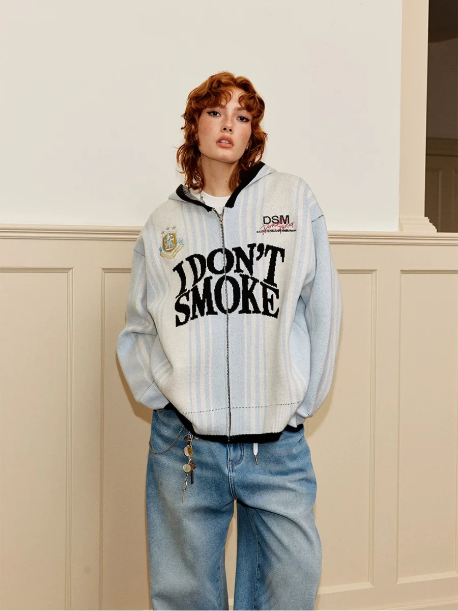 DONSMOKE | Vertical Striped Hooded Zip-Up Jacquard Knit Cardigan - 2