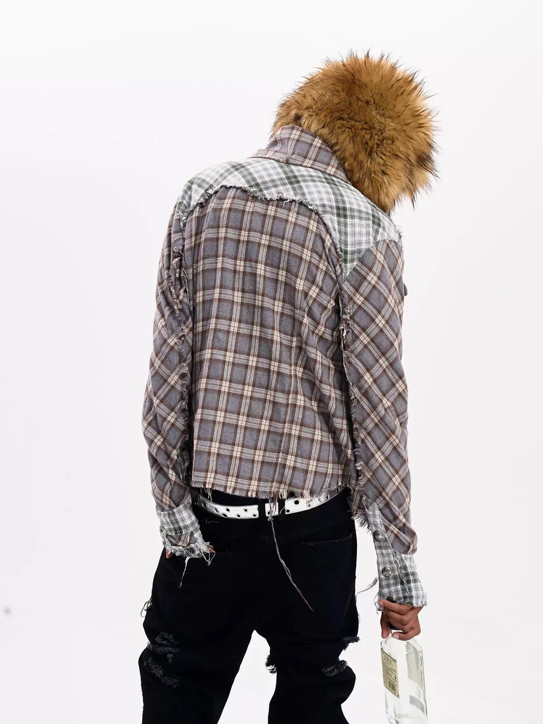 Fourth3ex | Distressed Patchwork Plaid Long Sleeve Shirt Jacket