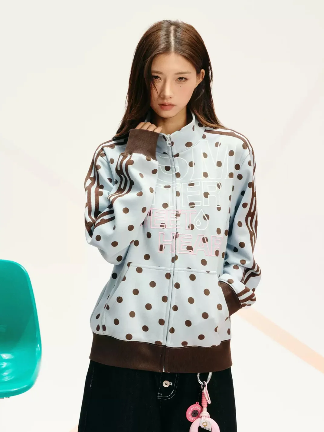 DONSMOKE | Polka Dot Stand Collar Sweatshirt Jacket