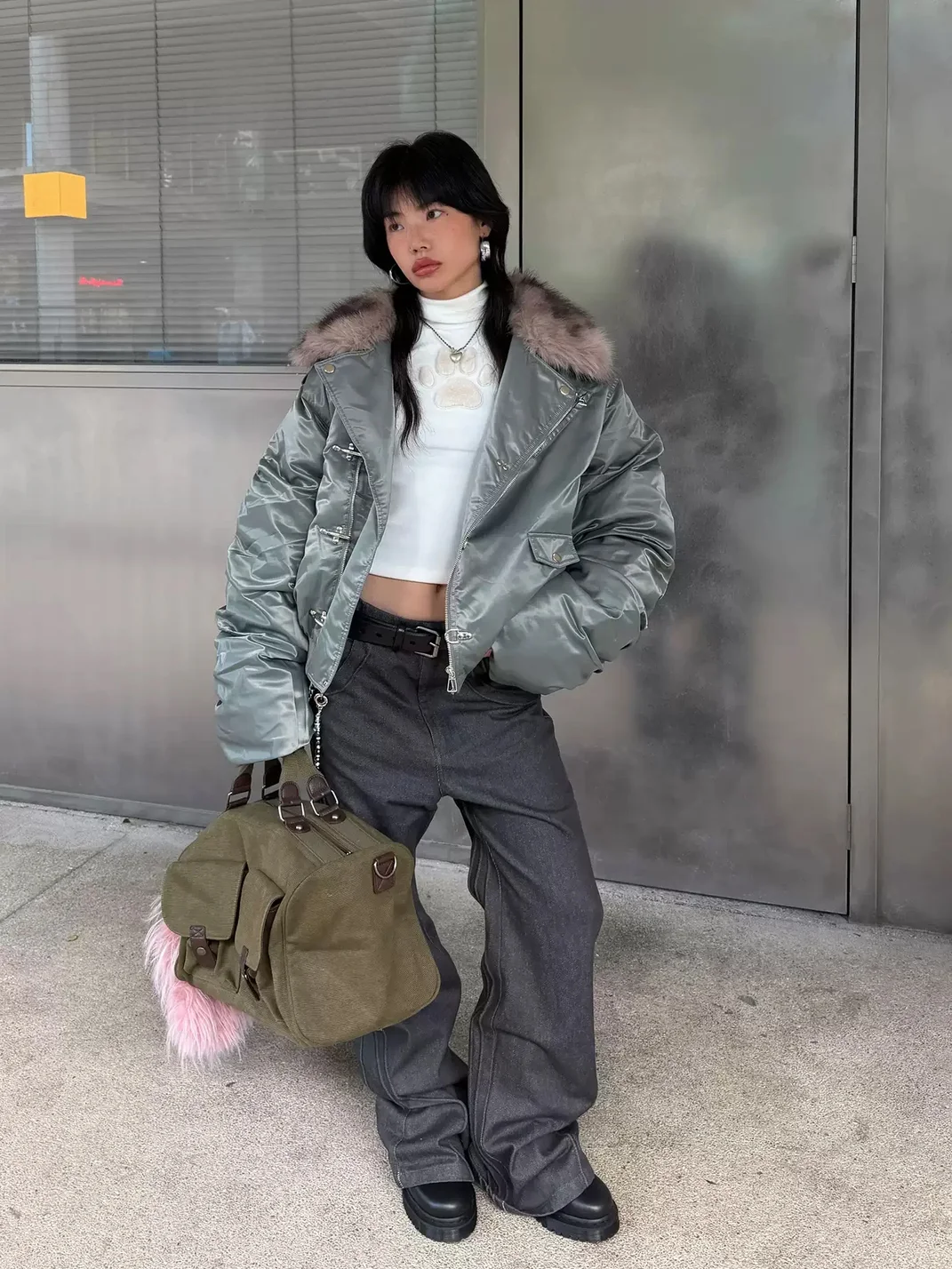 NASTYHUB | Cropped Wide-Fit Bomber Jacket With Detachable Plush Collar