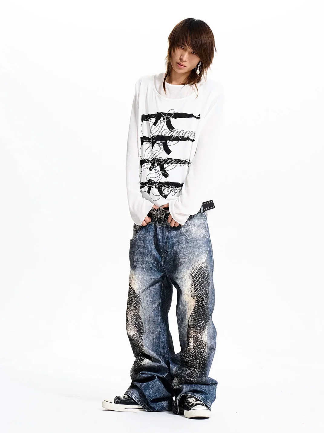 Fourth3ex | Washed Snakeskin Print Floor-Length Jeans