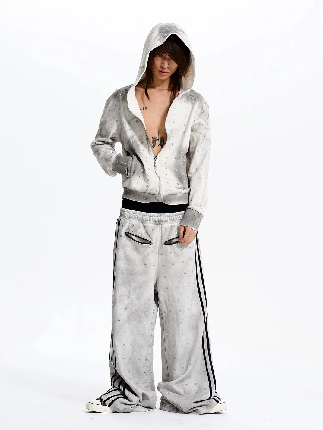 Fourth3ex | Distressed Eyelet Leopard Print Zip-Up Hoodie