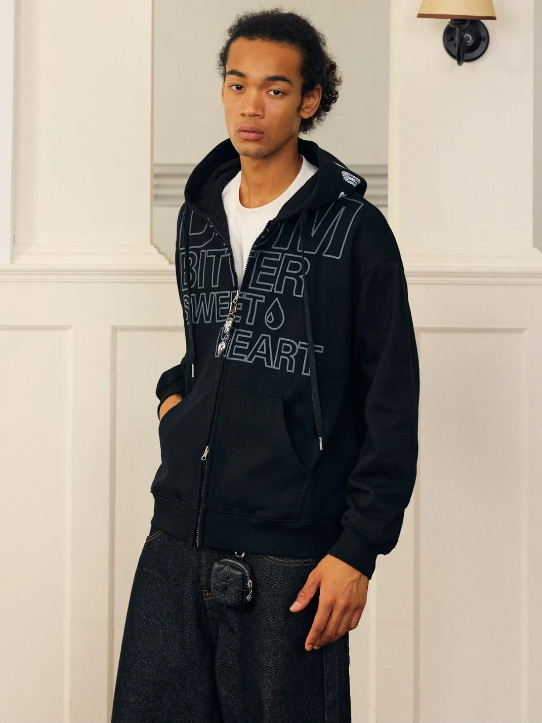 DONSMOKE | Drop Shoulder Hair Clip Print Zip-Up Hoodie