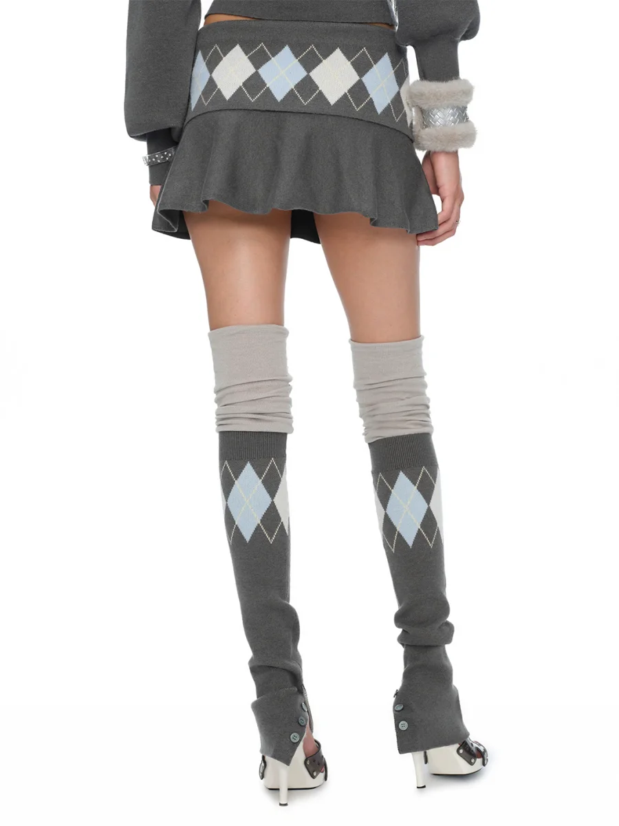 JYOSEI | Gray Argyle Patchwork Over-Knee Knit Leg Warmers - 4