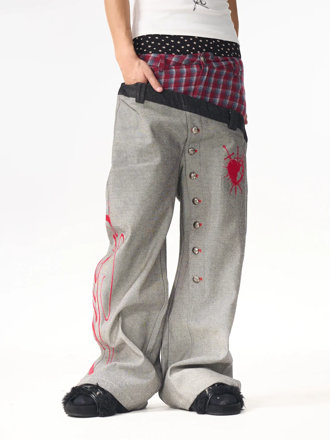 Fourth3ex | Plaid Patchwork Double Waistband Wide-Leg Jeans