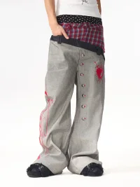 Fourth3ex | Plaid Patchwork Double Waistband Wide-Leg Jeans