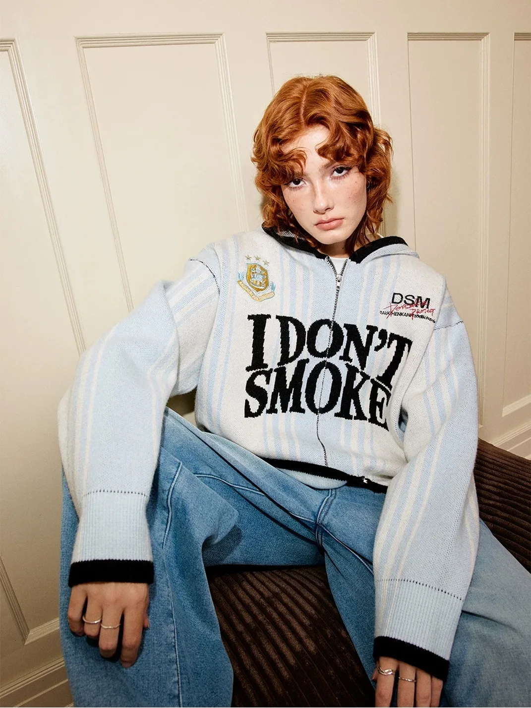 DONSMOKE | Vertical Striped Hooded Zip-Up Jacquard Knit Cardigan