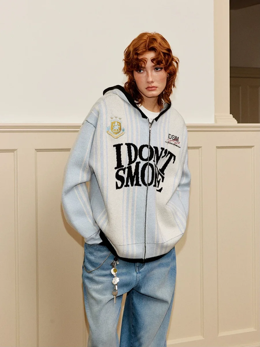 DONSMOKE | Vertical Striped Hooded Zip-Up Jacquard Knit Cardigan - 4