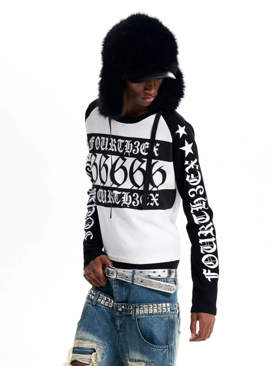 Fourth3ex | Letter Print Waffle Colorblock Long Sleeve T-Shirt - 3